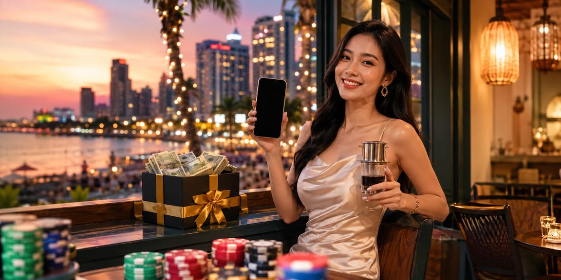 Người chơi Phú Quốc thực hiện giao dịch nạp tiền trên điện thoại tại quán cà phê